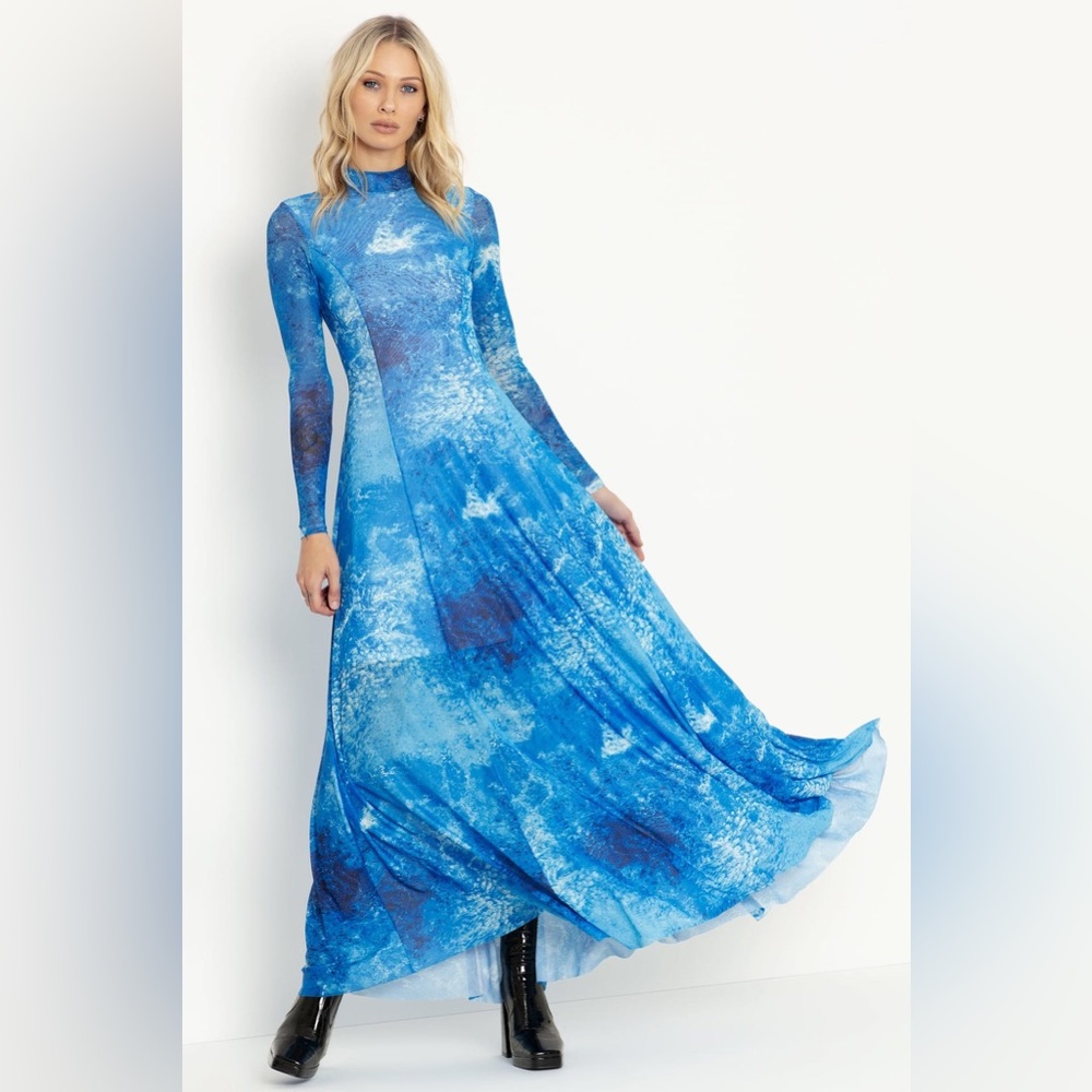 BlackMilk Clothing WATERCOLOUR WAVES SHEER ELEGANCE DRESS - LIMITED